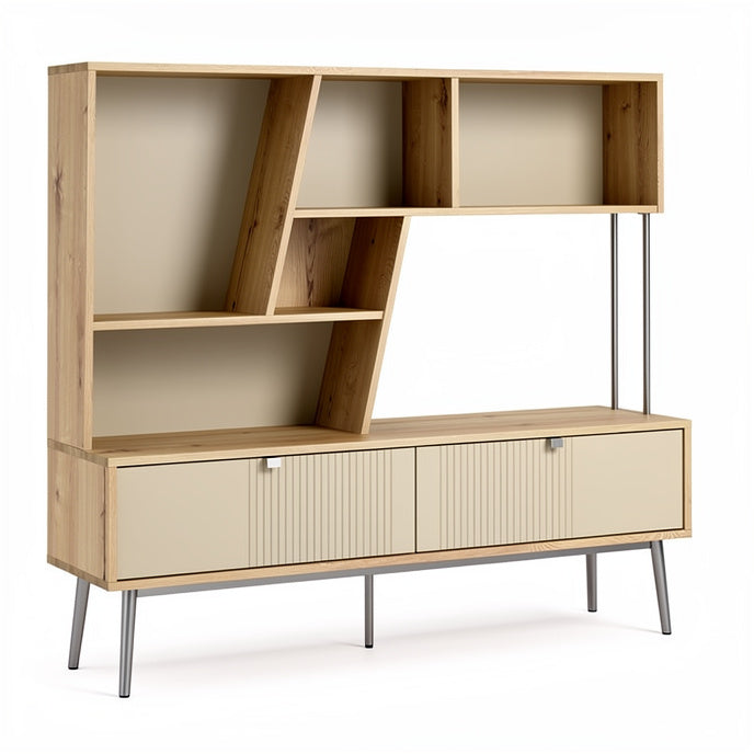 **Modern Wooden Storage Unit with Geometric Design and Metal Legs**