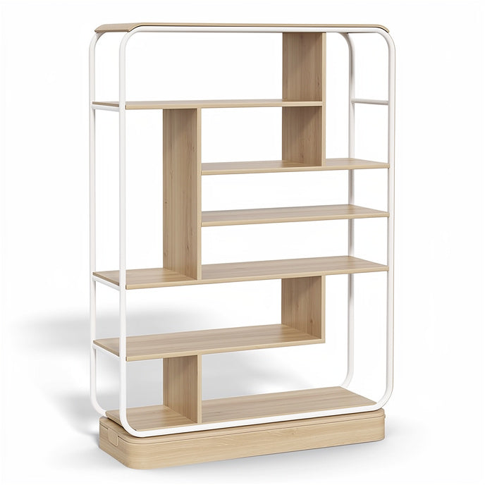 **Minimalist Wooden Bookshelf with Metal Frame**