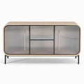 Title: **Modern Minimalist Cabinet with Glass Doors and Metal Frame**