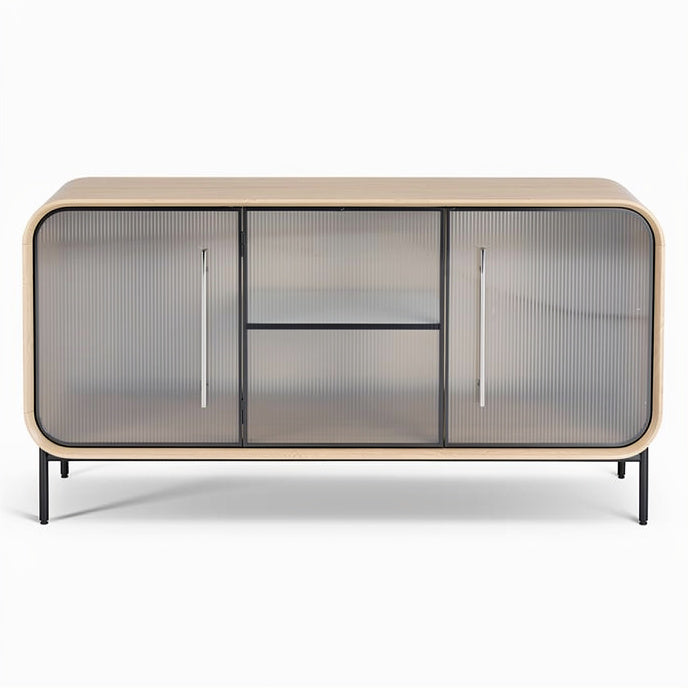 Title: **Modern Minimalist Cabinet with Glass Doors and Metal Frame**