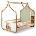 **Modern Wooden Crib with House Design and Storage Features**