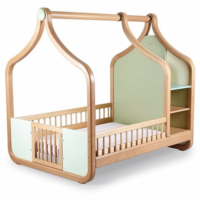 **Modern Wooden Crib with House Design and Storage Features**