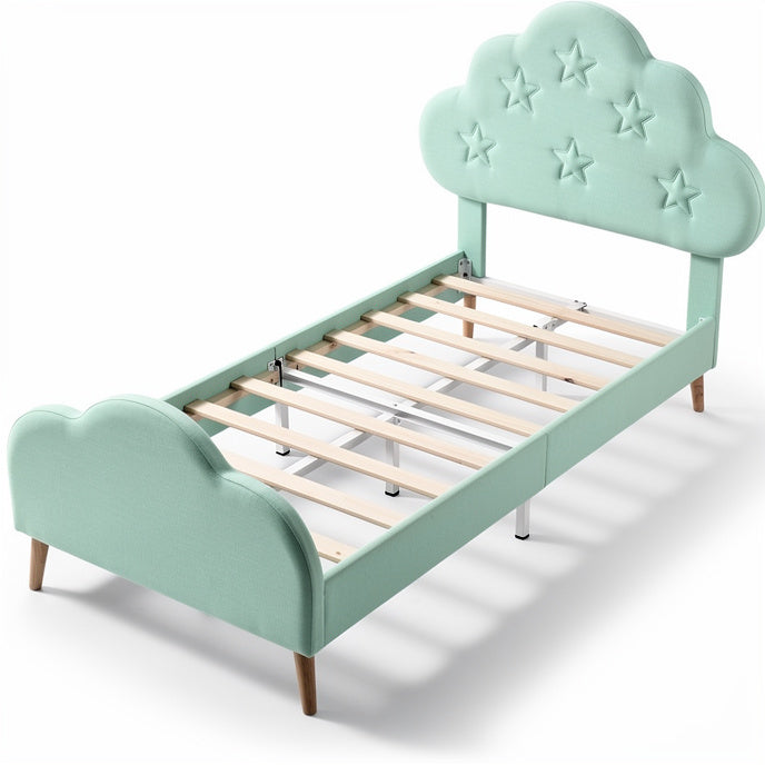 **Children's Cloud-Shaped Bed with Star Design and Wooden Slats**
