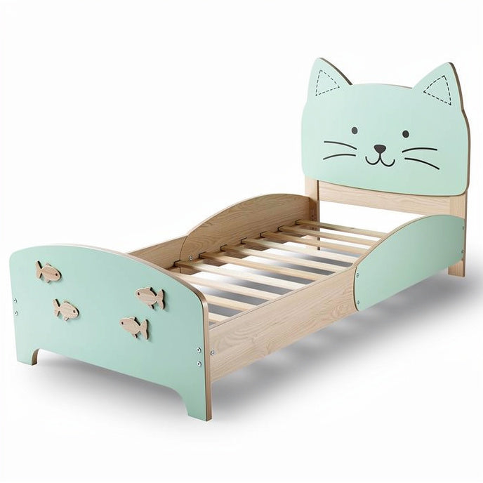 **Children's Cat-Themed Wooden Bed with Slatted Base**