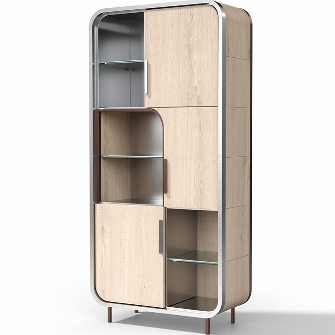 **Modern Wooden Cabinet with Glass Shelves and Metal Accents**